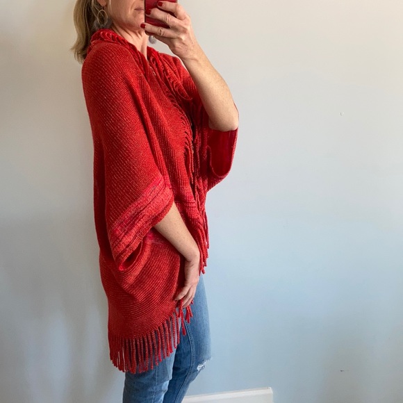 Red Fringed Sweater Kimono/Wrap - Picture 4 of 7